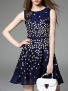 Romwe Navy Embroidered A-line Dress