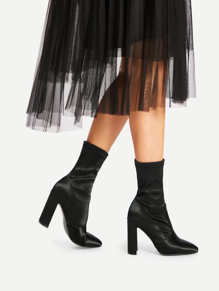 Romwe Pointed Toe Block Heeled Satin Boots
