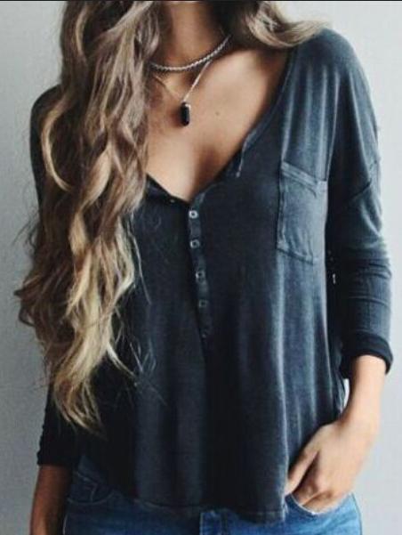 Romwe Deep V Neck Buttons Pocket T-shirt