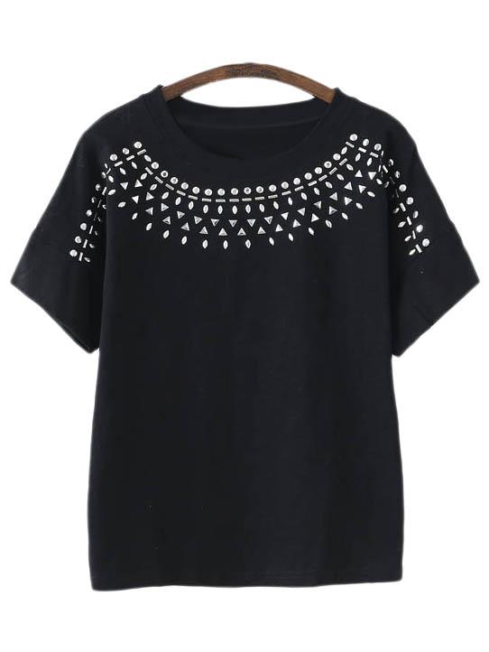 Romwe Black Short Sleeve Round Neck Rivets T-shirt