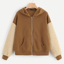Romwe Contrast Fleece Sleeve Zip Up Hoodie