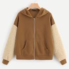 Romwe Contrast Fleece Sleeve Zip Up Hoodie