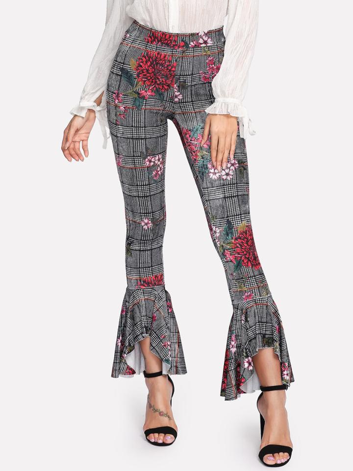 Romwe Flower And Plaid Print Asymmetrical Flounce Hem Pants