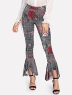 Romwe Flower And Plaid Print Asymmetrical Flounce Hem Pants