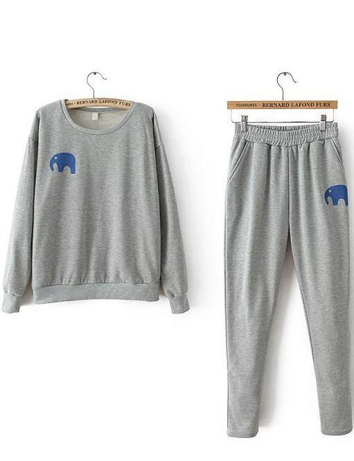 Romwe Elephant Print Light Grey Sweatshirt With Pant