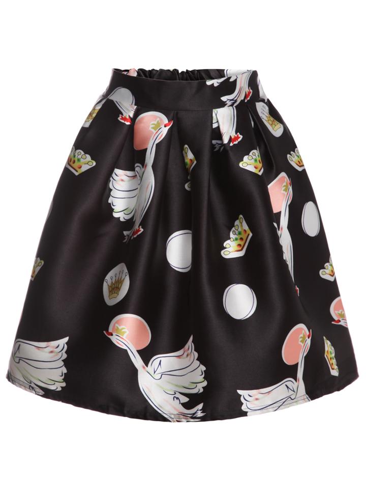Romwe Swan Print Flare Skirt