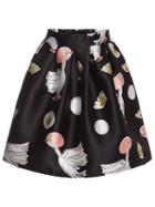 Romwe Swan Print Flare Skirt
