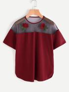 Romwe Embroidered Rose Applique Mesh Shoulder T-shirt