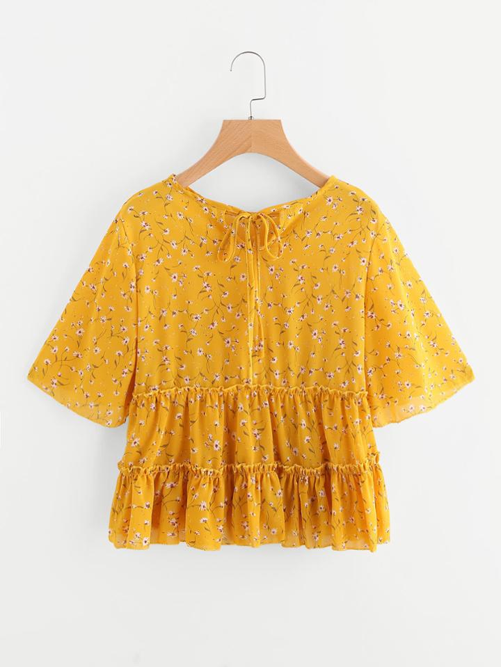 Romwe Ditsy Print Tie Neckline Frill Trim Blouse