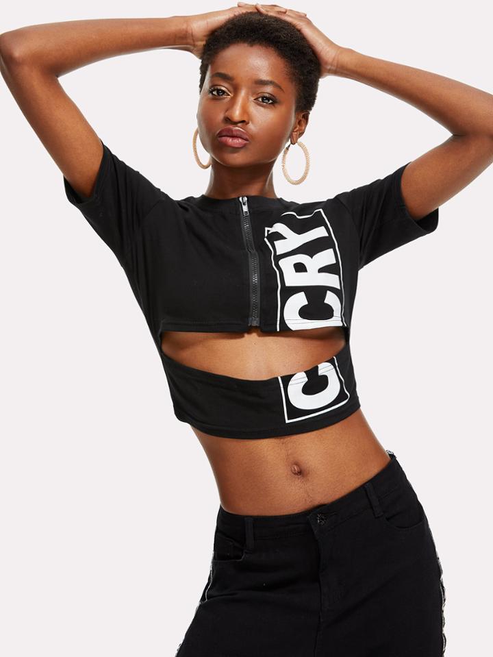 Romwe Letter Print Cut Out Zip Up Tee