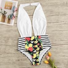 Romwe Random Floral & Striped Ruched Backless One Piece Swimsuit