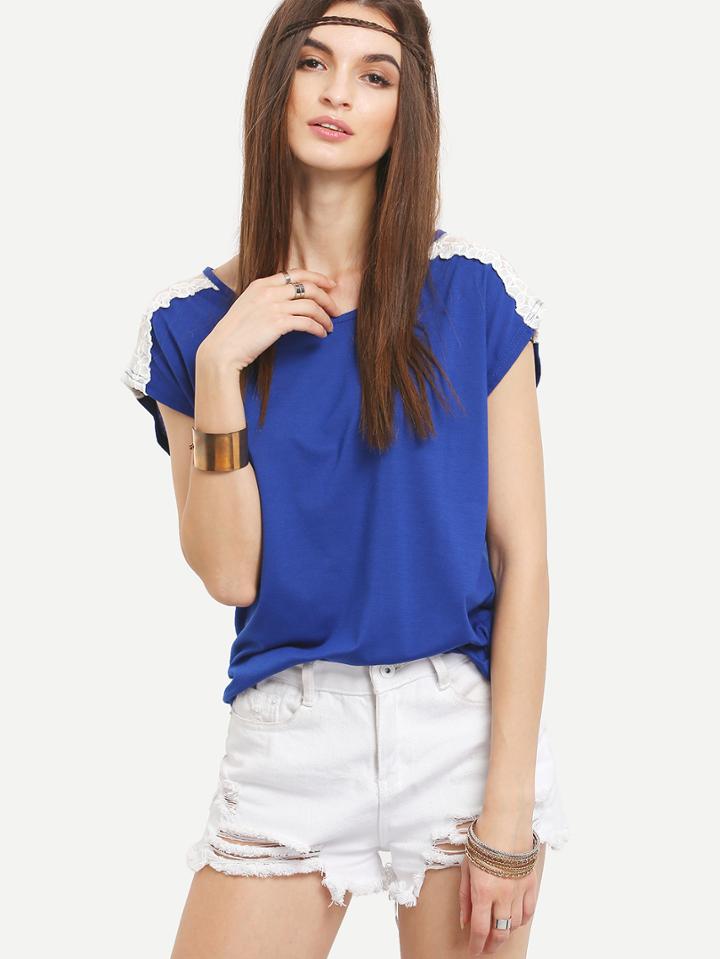 Romwe Lace Insert Sleeve Keyhole Back T-shirt