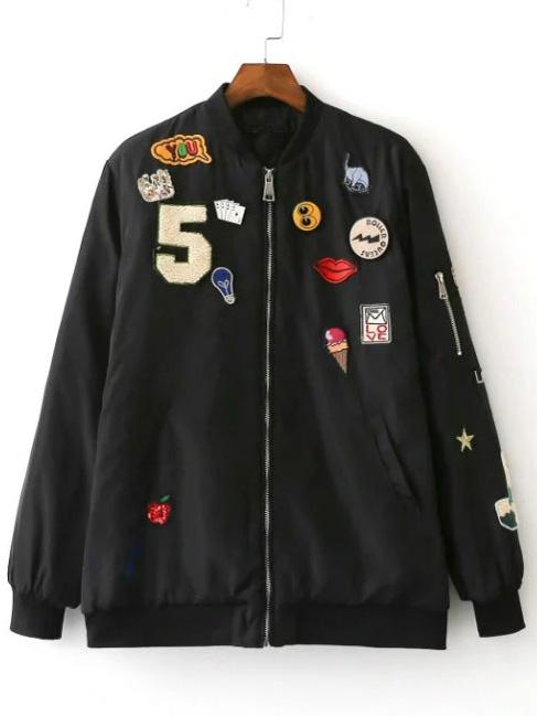 Romwe Black Crew Neck Applique Pocket Jacket