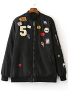 Romwe Black Crew Neck Applique Pocket Jacket