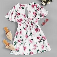 Romwe Cutout Back Knot Front Flutter Sleeve Floral Dress