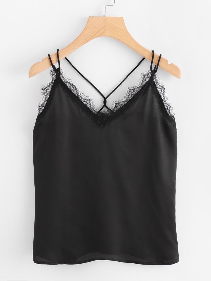 Romwe Eyelash Lace Trim Criss Cross Cami Top