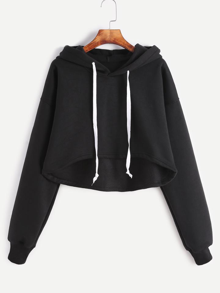 Romwe Black Drop Shoulder Dip Hem Drawstring Hooded Crop Sweatshirt