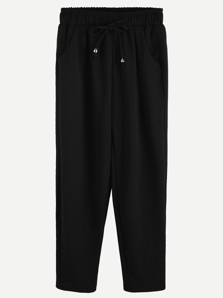 Romwe Black Drawstring Waist Pockets Pants
