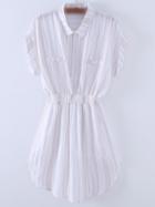 Romwe White Roll-up Cuff Elastic Waist Stripe Dress
