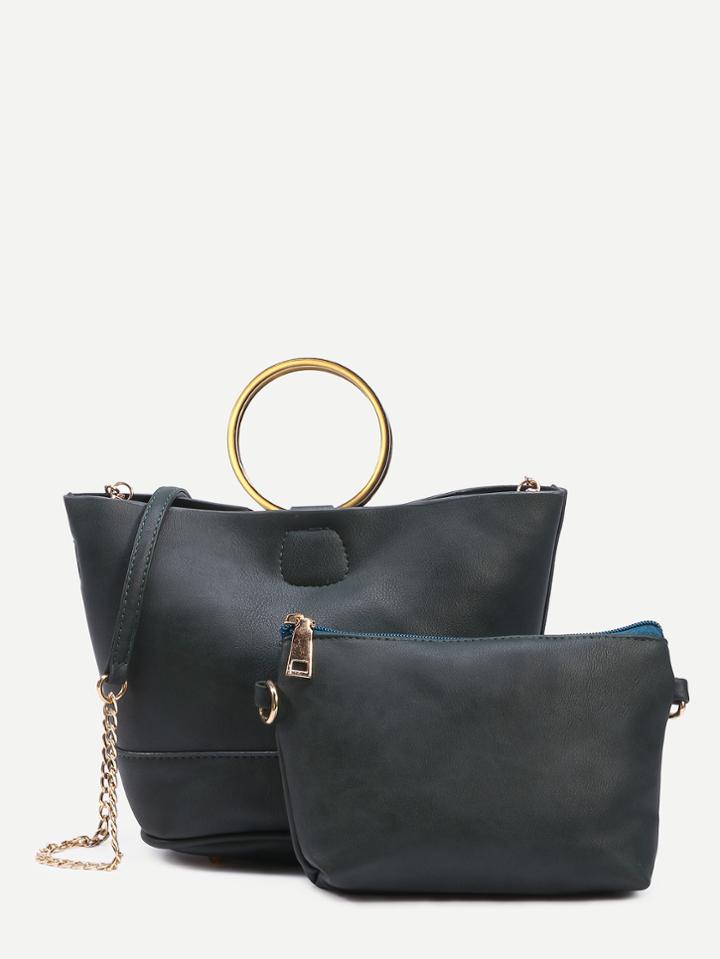 Romwe Black Metal Ring Handle Tote Bag With Makeup Bag