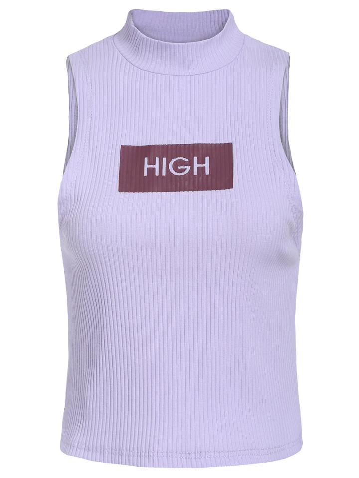 Romwe High Neck Letter Print Purple Tank Vest