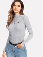 Romwe High Neck Pocket Detail Ribbed Knit Sweater