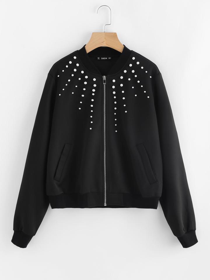 Romwe Pearl Beading Bomber Jacket