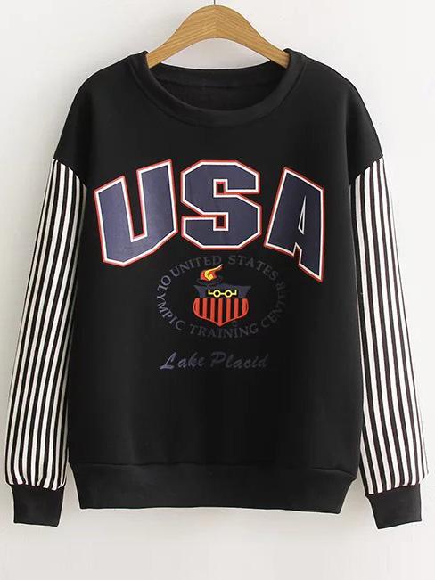 Romwe Black Letter Print Striped Sleeve Sweatshirt