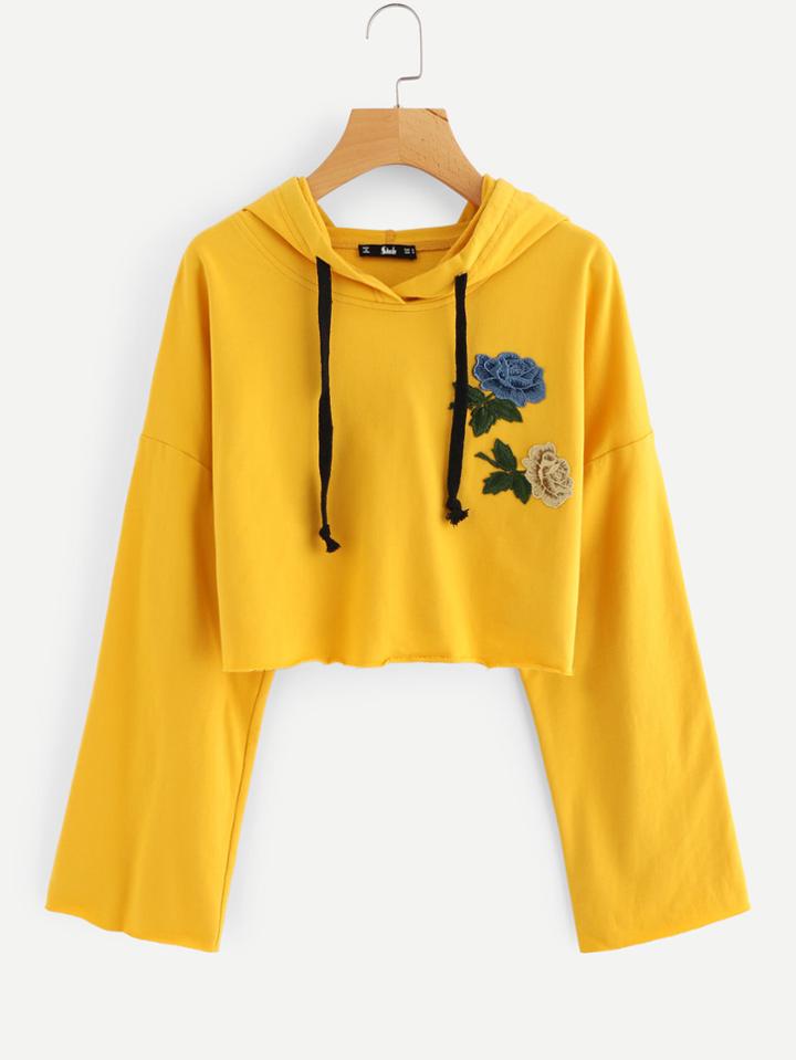 Romwe Embroidered Flower Patch Drop Shoulder Crop Hoodie