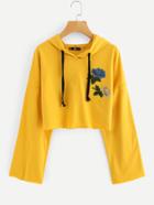 Romwe Embroidered Flower Patch Drop Shoulder Crop Hoodie