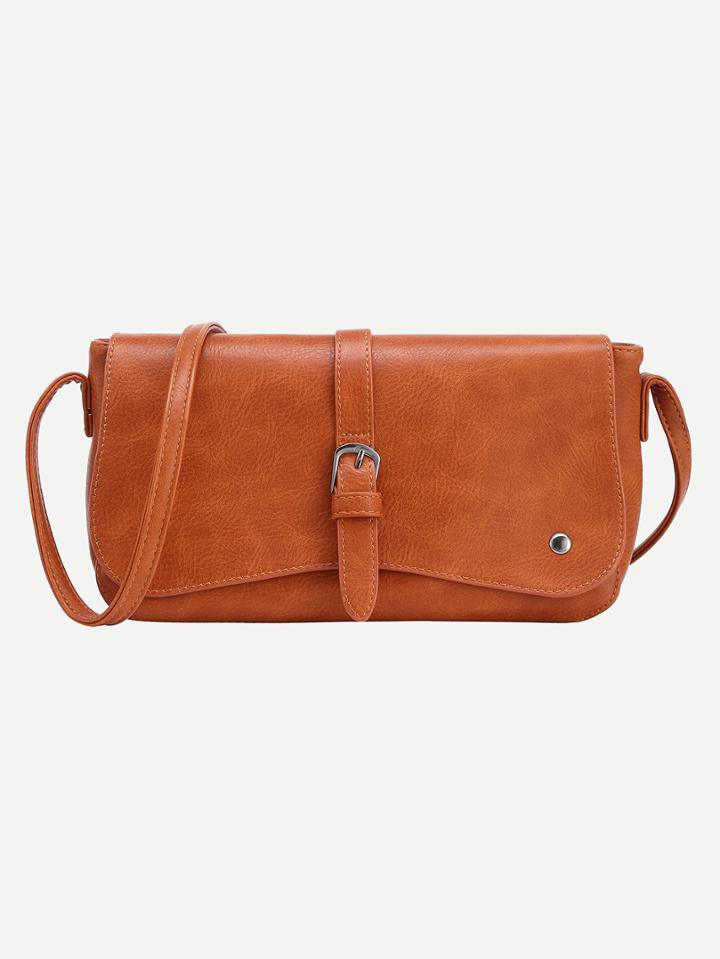 Romwe Buckled Strap Accent Flap Bag - Brown