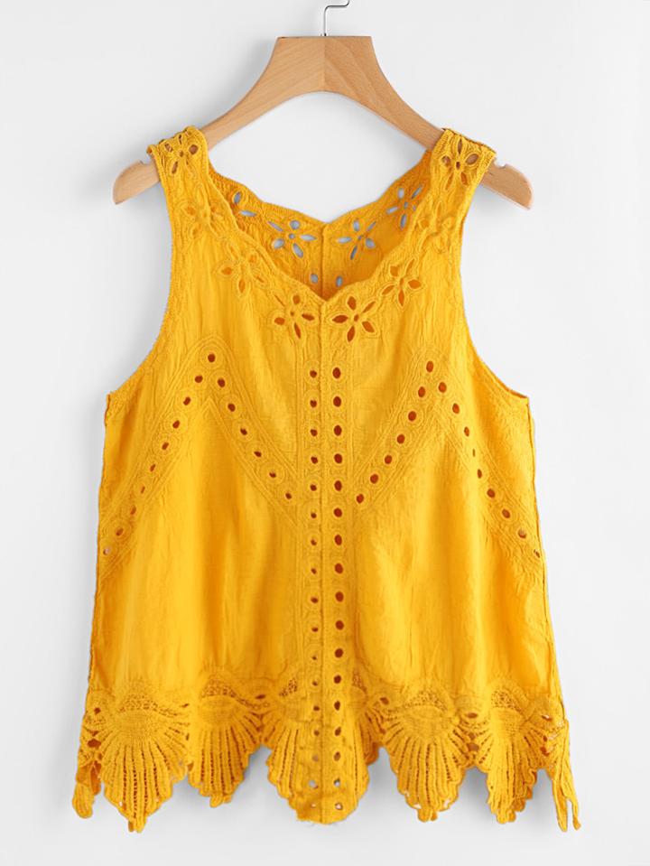 Romwe Embroidered Laser Cut Tank Top