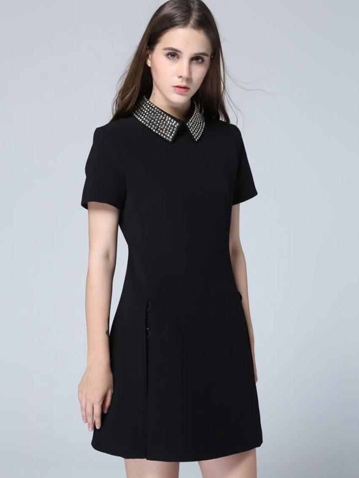 Romwe Black Lapel Short Sleeve Beading Dress