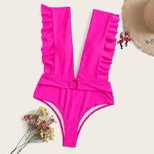 Romwe Neon Hot Pink Ruffle O-ring Plunge One Piece Swimwear