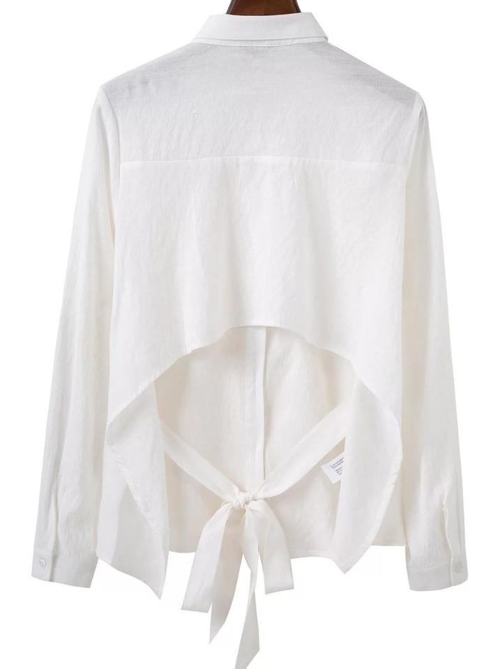 Romwe White Open Back Bow Tie Blouse