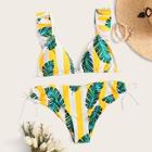 Romwe Random Leaf & Striped Ruffle Strap Triangle Bikini Set