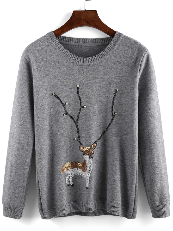 Romwe Sequined Deer Patterned Grey Sweater