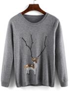 Romwe Sequined Deer Patterned Grey Sweater