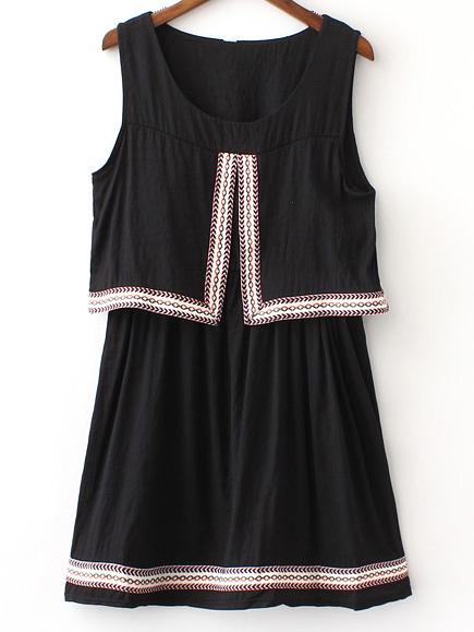 Romwe Black Round Neck Webbing Trim Sleeveless Dress