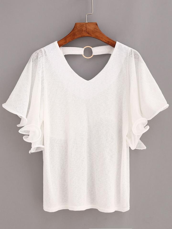Romwe Ruffled Sleeve Cutout Back Top - White
