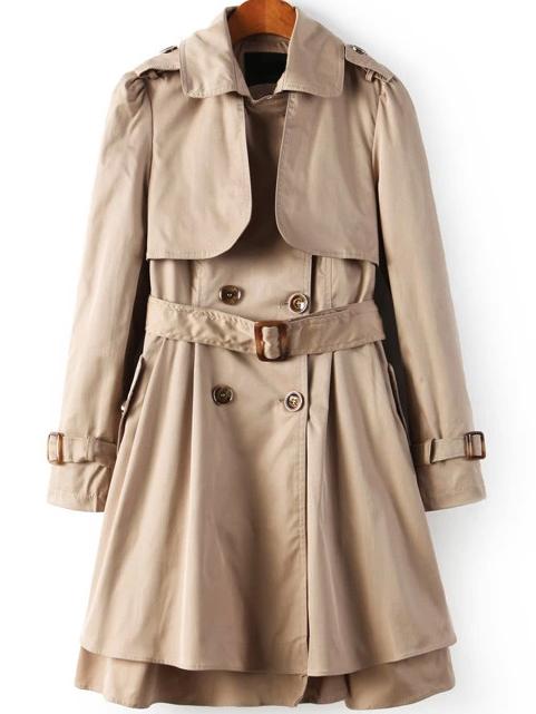 Romwe Lapel Double Breasted Layered Belt Khaki Coat