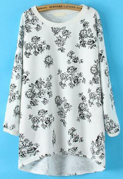 Romwe Floral Print Dipped Hem Sweatshirt