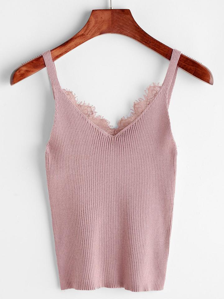 Romwe Eyelash Lace Trim Knit Top