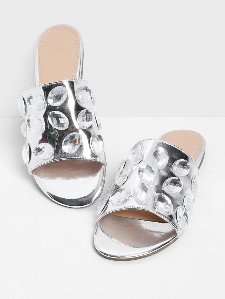 Romwe Rhinestone Decorated Pu Flat Sandals