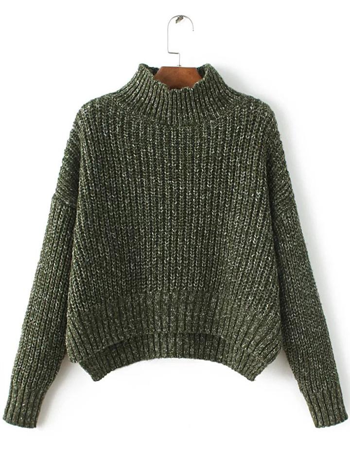 Romwe Army Green Mock Neck Drop Shoulder Dip Hem Sweater