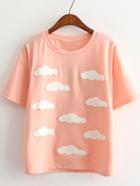 Romwe Pink Short Sleeve Clouds Casual T-shirt