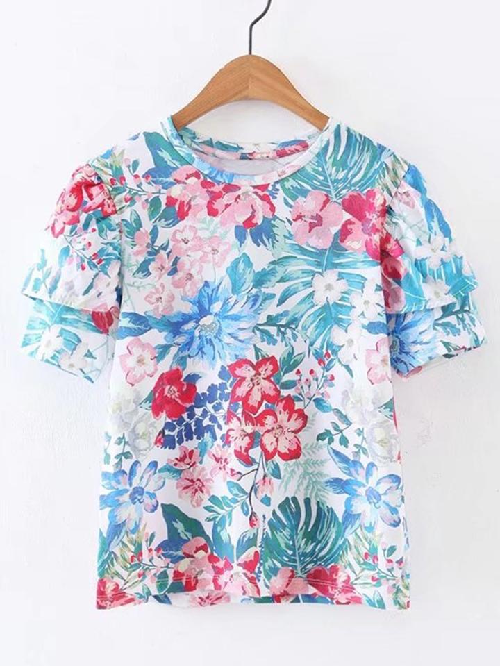 Romwe Layered Sleeve Floral Print Tee
