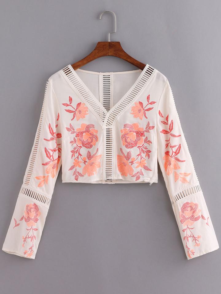 Romwe V Neck Embroidered Hollow Out Shirt