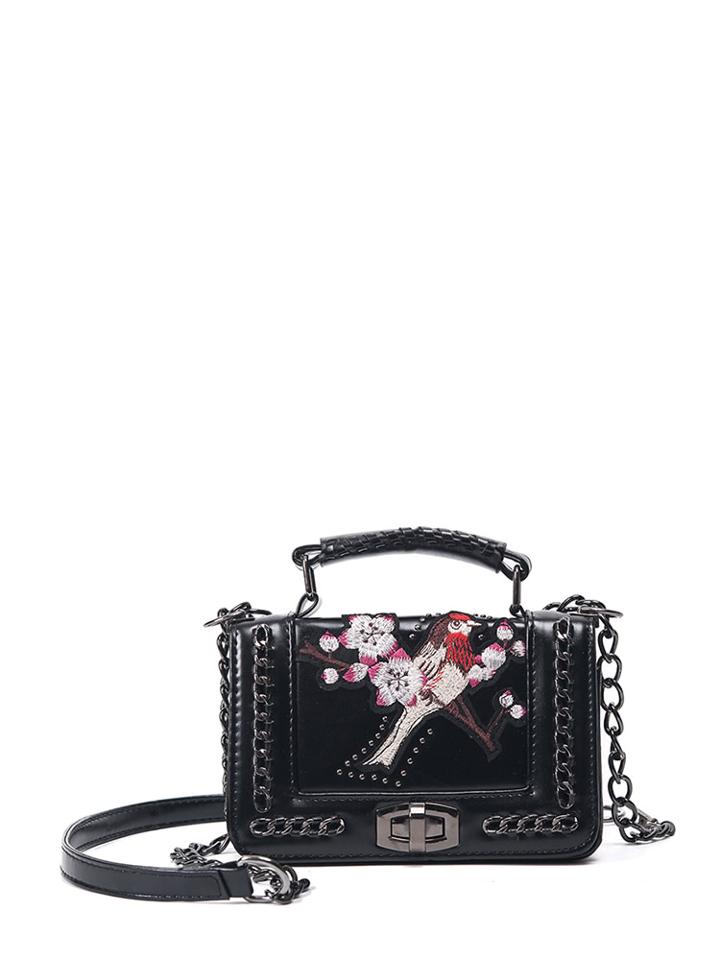 Romwe Embroidered Patch Chain Decorated Flap Bag