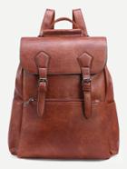 Romwe Camel Dual Buckled Strap Flap Backpack